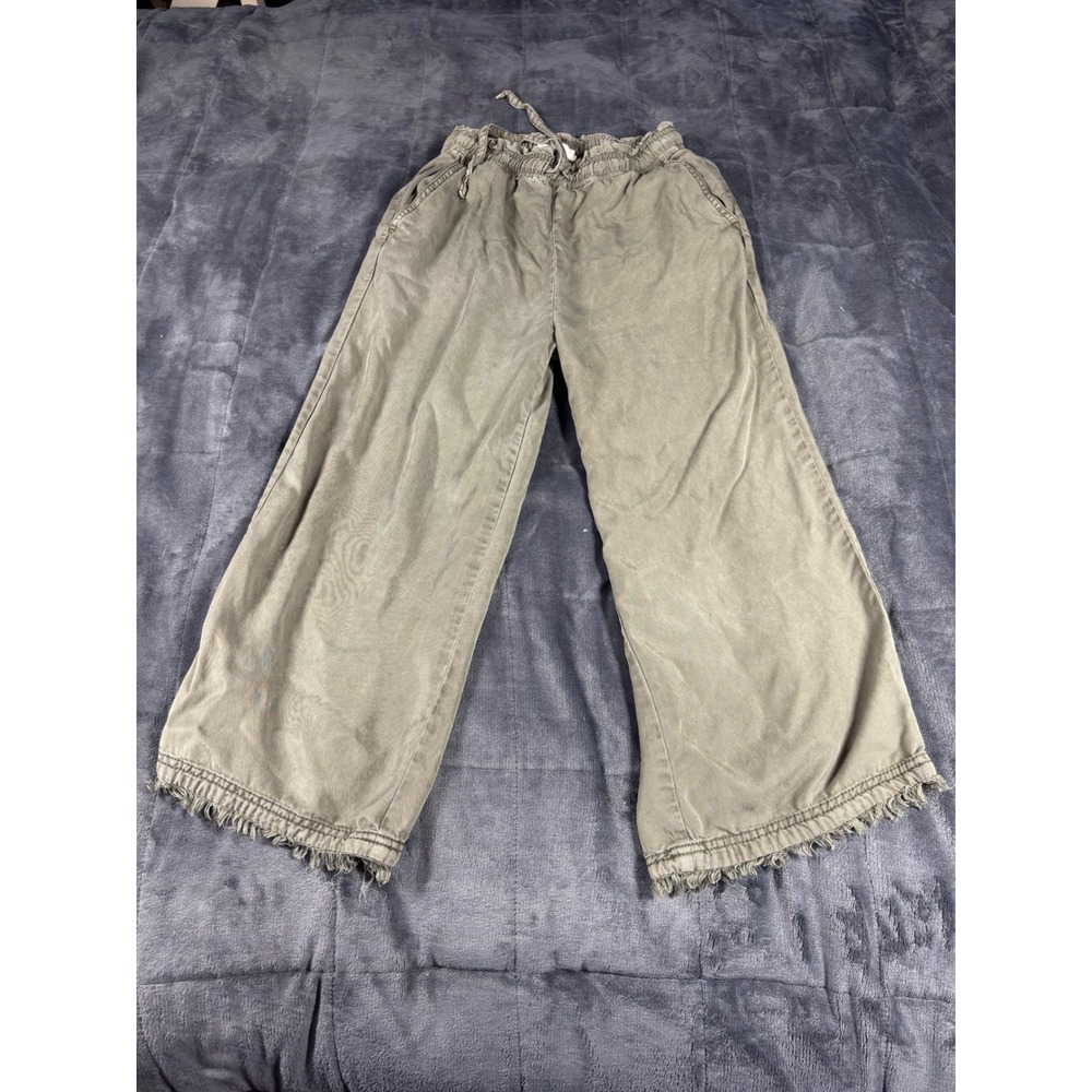 C&C California Olive Green Lyocell Wide Leg Paperbag Waist Frayed Hem‎ Pants